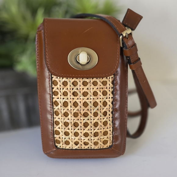 Patricia Nash Handbags - Patricia Nash Woven Rattan Cognac Leather Phone Crossbody Bag Boho Resort Summer
